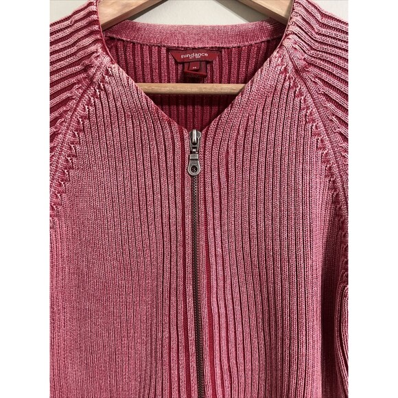 Sundance Women's Full Zip 100% Cotton Sweater Size Medium Pink Rib Knit V-Neck - Picture 2 of 5